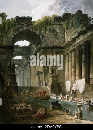 Hubert Robert, Französisch, 1733-1808 -- Ruinen eines römischen Bades mit Wascherinnen. Stockfoto