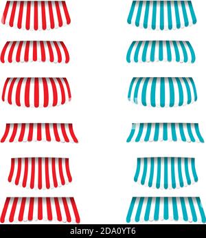 Gestreifte rote, blaue, weiße Markisen setzen verschiedene Formen für Geschäfte, Cafés und Straßenrestaurants, isoliert auf weißem Hintergrund. Vektorgrafik Cartoon-Illustration. Stock Vektor