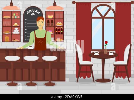 Vektor Illustration von Coffee Shop Interieur mit Mann Barkeeper in flachen Cartoon-Design. Stock Vektor