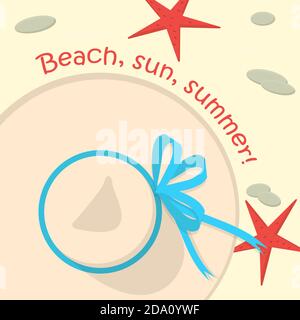 Sommerhut auf dem Sand mit Seestern und Steinen Vektor-Illustration in hellen Farben. Stock Vektor