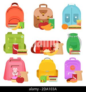 Bunte Vektor-Illustration der Schule Kinder Taschen und Mittagessen Lebensmittel-Boxen in Cartoon flachen Stil. Stock Vektor