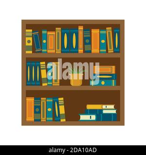 Bücherregal mit Büchern, isoliert auf weißem Hintergrund. Bildung oder Buchhandlung Konzept.Vektor flache Illustration. Stock Vektor