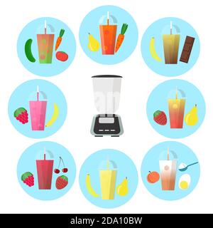 Smoothie mit verschiedenen Früchten und Shaker zu gehen. Organische Fruchtcoctails Vektor-Illustration. Stock Vektor