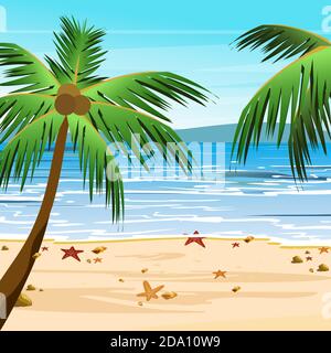 Vektor-Illustration von Strand mit Palmen, Sand, blauem Meerwasser und Himmel. Sommer tropischen Blick in Cartoon-Flat-Stil. Stock Vektor