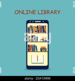 Elektronische Online-Bibliothek auf dem Handy-Bildschirm. Bücherregale mit Büchern auf dem Smartphone. Bildungskonzept. Vektorgrafik flach. Stock Vektor
