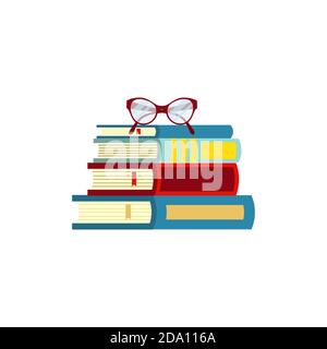 Stapel von Büchern mit Brille auf weißem Hintergrund. Wissen, Bildung, Studium Konzept. Vektorgrafik flach. Stock Vektor