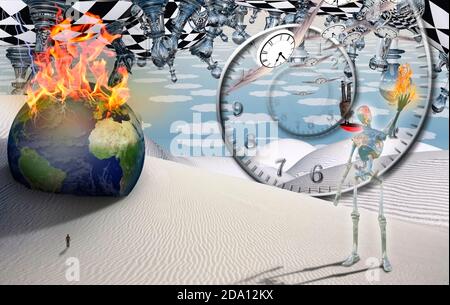 Brennender Globus, Figur des Menschen in der Ferne. Alien hält Flamme in seiner Hand. Spirale der Zeit und geflügelte Uhren stellen den Fluss der Zeit dar. 3D-Rendering Stockfoto