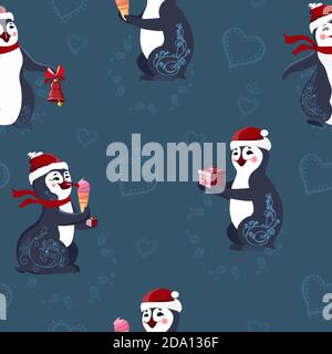 Nahtloses Muster mit lustigen Pinguinen. Das Set enthält eine Geschenkbox, Lollipop. Schneeflocken auf dunklem Hintergrund. Schöner Hintergrund zum Drucken Stock Vektor