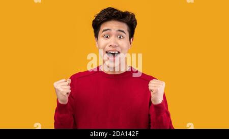 Portrait von aufgeregt asiatische männliche Modell schreien mit erhobenen Fäusten Stockfoto