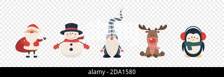 Vektor Weihnachten Niedliche Charaktere und Tiere Icon-Set isoliert. Weihnachtsmann, Schneemann, Rentier, Gnome, Pinguin in Cartoon Flat Style. Designvorlage Stock Vektor