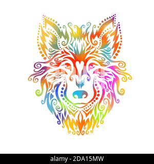 Wolf Gesicht Logo Emblem Vorlage Maskottchen Symbol für Business oder Shirt-Design. T-Shirt-Druck. Hundeschild. Gemischte Medien.Vektor Vintage Design Element. Stock Vektor