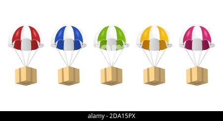 Vektor 3d realistische Parachute mit Papier Karton Boxen Icon Set isoliert auf weißem Hintergrund. Design-Vorlage für Delivery Services, Post, E Stock Vektor