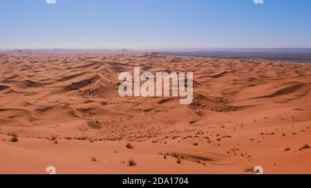 Schöner Panoramablick über die Sanddünen der Wüste Erg Chebbi in der Nähe von Merzouga, Marokko, Afrika in der Mittagssonne mit blauem Himmel und nebligen Horizont. Stockfoto