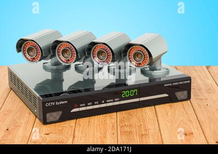 Digitales Videorekordersystem, cctv auf Holzplanken, 3D-Rendering Stockfoto