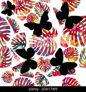 Abstrakte bunte Vektor Palmenblätter. Nahtloser Hintergrund mit bunten Monstera Blätter. Schwarze Schmetterlinge Hintergrund. Vektorgrafik Stock Vektor