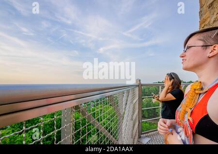 Eine Frau hält ihren bärtigen Drachen, während sie auf der Aussichtsplattform der Vulcan-Statue im Vulcan Park am 19. Juli 2015 in Birmingham, Alabama, steht. Stockfoto