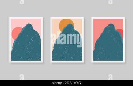 Abstrakte Sonnenplakate mit Berg. Zeitgenössische Hintergründe, Satz von Abdeckungen modernen Boho-Stil. Wanddekor aus der Mitte des Jahrhunderts, Vektorgrafik Stock Vektor