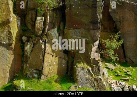 Verlassene Arbeitsfläche von Gritstone bei strahlendem Sonnenschein im Bole Hill Quarry in der Nähe von Grindleford, Derbyshire. Stockfoto