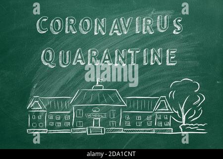 Schulgebäude und Schriftzug Coronavirus Quarantäne auf grüner Tafel. Handgezeichnete Skizze. Coronavirus-Konzept. Stockfoto