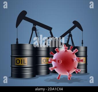 Collage aus Ölfässern, Ölpumpen und Zelle des Coronavirus. COVID-19 Konzept. 3D-Rendering Stockfoto