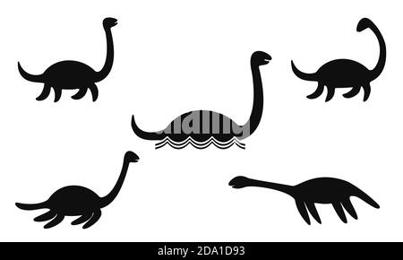 Set von Nessie oder Loch Ness Monster Silhouetten isoliert auf weißem Hintergrund. Vektorgrafik. Stock Vektor