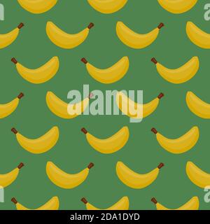 Gelbe Banane, nahtloses Muster auf dunkelgrünem Hintergrund. Stock Vektor