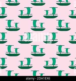 Grünes Boot, nahtloses Muster auf einem rosa Hintergrund. Stock Vektor