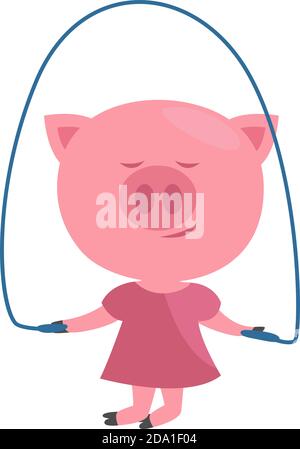 Kleines Schwein springen Seil, Illustration, Vektor auf weißem Hintergrund Stock Vektor