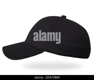 Blank schwarz und weiß Baseball Cap Mockup Set, Profil Seitenansicht. Schwarze Baseballmütze isoliert auf weißem Hintergrund mit Clipping-Pfad. Stockfoto