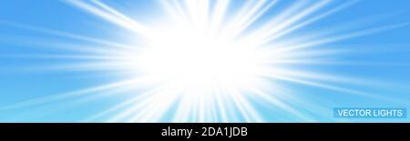Effekt bei wenig Licht. Starburst mit Funkeln auf blauem Hintergrund. Vektorgrafik. Sonne Stock Vektor