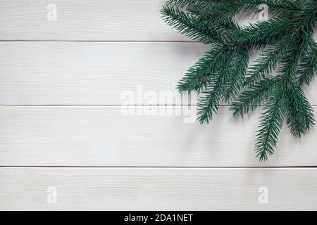 Tannenzweigen ohne Ornamente auf weißem Holzhintergrund Stockfoto