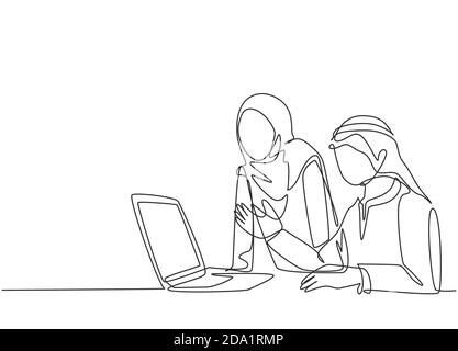 Eine fortlaufende Linienzeichnung von jungen muslimischen Geschäftsehepaar, die Geschäftsvorschlag an den zukünftigen Investor diskutieren. Islamische Kleidung kandura, Schal Stock Vektor