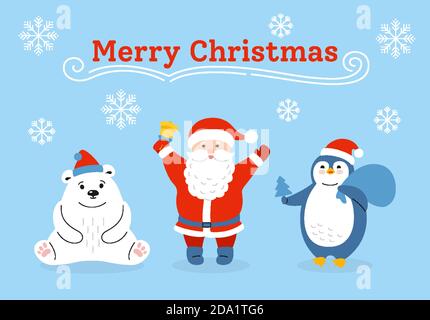Weihnachtskarte, Cartoon Eisbär, weihnachtsmann und Pinguin. Neujahr Tier Säugetiere mit rotem Hut. Handgezeichnete Doodle niedlichen Vektor Bären. Lustige Tiere Winter feiern Stock Vektor