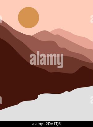 Abstrakte Landschaft aus Bergen und Flüssen mit der Sonne im Minimal Trend Style. Vektorhintergrund in Pastellfarben Stock Vektor