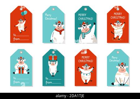 Weihnachten Tag Set, Cartoon Stier. Handgezeichnetes Papieretikett, niedliche Vektorkuh, Büffel oder Kalb mit rotem Hut, Geschenk. Neujahr Karten Weihnachten, lustige Tiere Winter feiern Stock Vektor