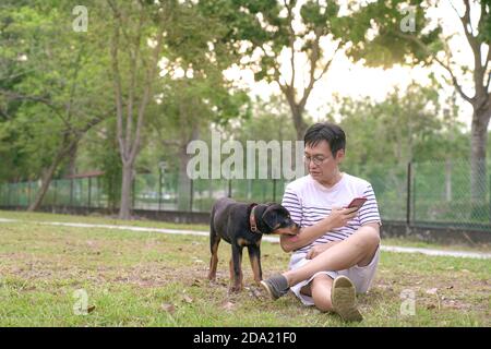 Mann sitzt auf Gras mit Hund leckt seinen Arm, im Park. Speicherplatz kopieren. Stockfoto