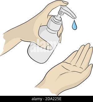 Handdesinfektionsmittel Frau, die Desinfektionsgel aufträgt Flüssigkeit reiben Hände sauber Vektor Stock Vektor