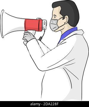 Arzt schreit mit Megaphon durch die medizinische Maske Vektor-Illustration Skizze Doodle Hand gezeichnet isoliert auf weißem Hintergrund Stock Vektor