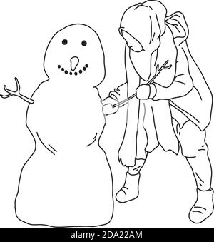 muslim Mädchen mit Hijab Herstellung Schneemann Vektor Illustration Skizze Doodle Handgezeichnet mit schwarzen Linien isoliert auf weißem Hintergrund Stock Vektor