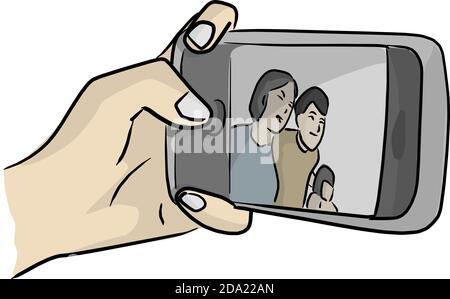 Nahaufnahme einer Frau, die mit ihrer Familie Selfie gemacht hat vektor-Illustration Skizze Doodle Hand gezeichnet isoliert auf weißem Hintergrund Stock Vektor