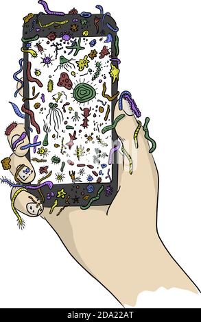 Hand halten Handy mit bunten Keimen Vektor Illustration Skizze doodle handgezeichnet mit schwarzen Linien isoliert auf weißem Hintergrund Stock Vektor