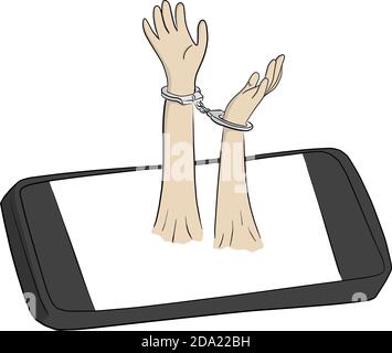 Hände in Handschellen sinken in Smartphone Vektor Illustration Skizze Doodle Handgezeichnet isoliert auf weißem Hintergrund Stock Vektor