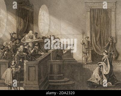 Ana Bolena (h.1501/1507-1536). Reina consortite de Inglaterra por su matrimonio con Enrique VIII. Segunda esposa del monarca. FuE ejecutada, acusada de adulterio, incesto y traición. Ana Bolena ante el Tribunal. Grabado por J. Furnó. Historia de las persecuciones políticas y religiosas en Europa. Editada en Barcelona,1864. Stockfoto