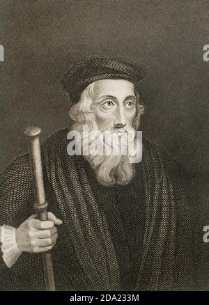 John Wycliffe (1320-1384). Teólogo y reformista inglés. Fundó el movimiento que se conoce como Lolardos o Wycliffismo. Grabado. Historia de las persecuciones políticas y religiosas en Europa. Editada en Barcelona,1863. Stockfoto