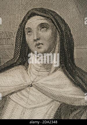 Santa Teresa de Jesús (1515-1582). Monja española, reformadora religiosa de la orden carmelitana. Retrato. Grabado. Historia de las persecuciones políticas y religiosas en Europa. Editada en Barcelona,1864. Stockfoto