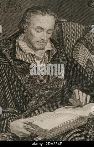 Philipp Schwarzerd, Llamado Melanchton (1497-1560). Reformador religioso alemán, discípulo de Lutero. Historia de las persecuciones políticas y religiosas en Europa. Editada en Barcelona,1864. Stockfoto