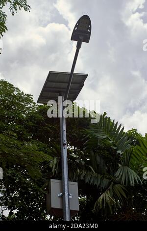 Blick auf Single von Solar Street Light auf den Park. Stockfoto