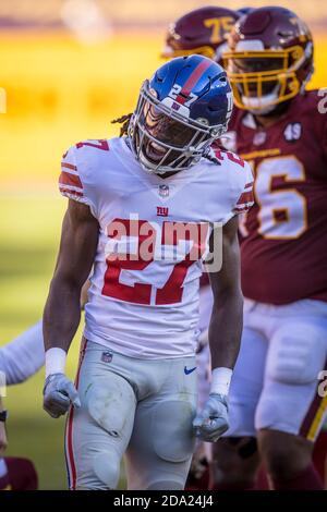 Landover, Maryland, USA. 8. November 2020: Eckpfeiler der New York Giants Isaac Yiadom (27) feiert seinen Sack während des NFL-Spiels zwischen den New York Giants und dem Washington Football Team auf dem FedEx Field in Landover, Maryland Fotograf: Cory Royster Credit: CAL Sport Media/Alamy Live News Stockfoto