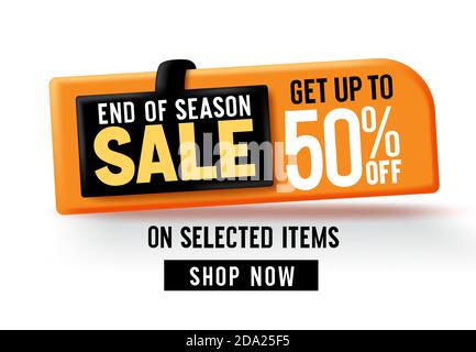 Verkauf Vektor Banner Design. Verkauf am Ende der Saison mit bis zu 50% Rabatt auf Text auf ausgewählte Artikel in schwarz-gelben Tag Hintergrund für Verkauf Rabatt Angebot Stock Vektor