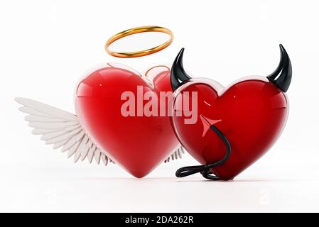 Engel und böse Herzen isoliert auf weißem Hintergrund. 3D-Illustration. Stockfoto